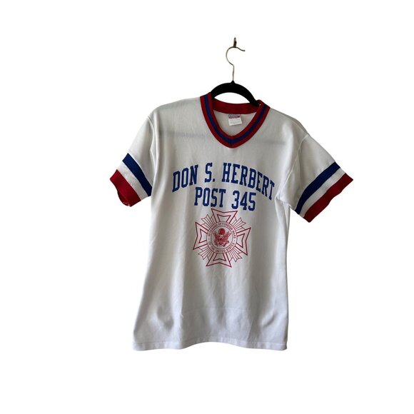 70s White Baseball Short Sleeve Ringer Tee Veterans Of Foreign Wars Athletic M - Picture 2 of 8